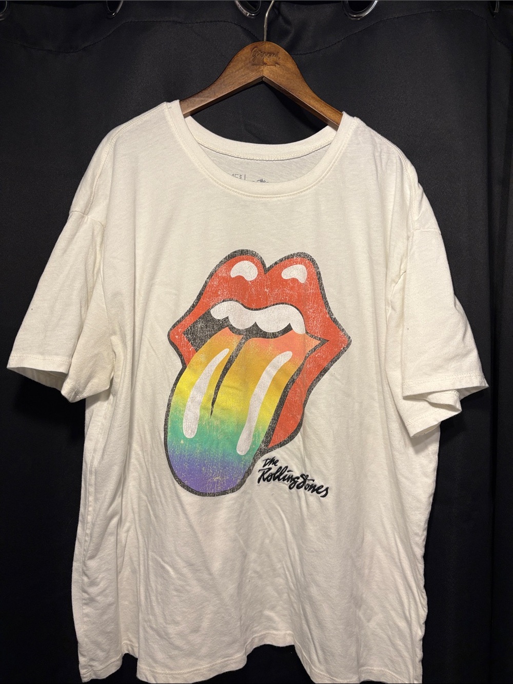 the Rolling Stones White Tee with Red Lips and Rainbow Tongue